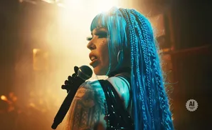 A drag performer with blue braided hair sings into a microphone under stage lights.
