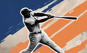 Stylized baseball player mid-swing against a blue and orange abstract background.