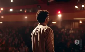 A man with curly hair stands on a stage facing a blurred audience, lit by warm spotlights.