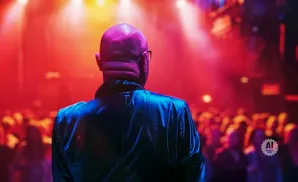 Man with bald head and glasses, facing away from camera, on a stage with bright red and pink lights.