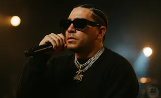 A man with sunglasses and chains holds a microphone, performing on stage with soft lighting.