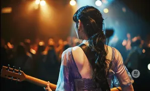 Woman with dark hair in a ponytail playing guitar on stage with blurred audience and lights.