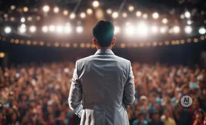 A man in a suit stands on a stage, facing a large, cheering audience.