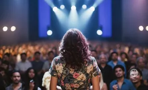 A woman in a floral dress faces a large audience under stage lights.