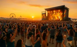 A massive beach concert crowd cheers for a band on stage at sunset, with a Ferris wheel in the background.