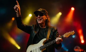 A smiling male guitarist with a black cap and sunglasses plays a white electric guitar on a stage with colorful lights.