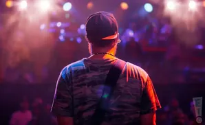 Back view of a person wearing a baseball cap and camouflage shirt on stage, with concert lights and a crowd in the background.