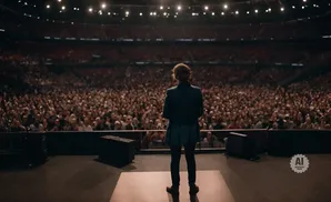 A person stands on a stage facing a large, packed stadium audience.