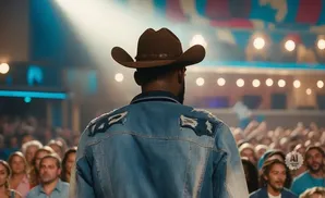 Man in cowboy hat and ripped denim jacket faces crowd on stage, with concert lights and colorful banners behind him.
