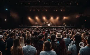 A band plays on a dimly lit stage to a large crowd of people.