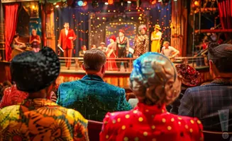 A stage performance with actors in colorful costumes and an audience viewing from behind.