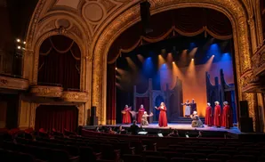 An opera performance on stage with a live orchestra in an ornate theater.