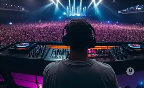 DJ with headphones at a console facing a massive, cheering crowd under bright stage lights.
