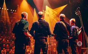 A band plays on stage in front of an audience, with bright spotlights illuminating them.