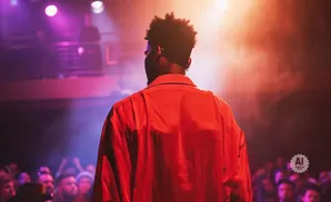 A person in a red shirt faces away from the camera on a stage with purple and orange lights, in front of a blurred audience.