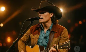 A cowboy with a guitar sings into a microphone on a dimly lit stage.