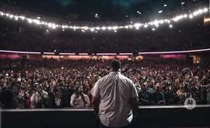 Man in patterned shirt faces large, cheering stadium crowd holding up phones.