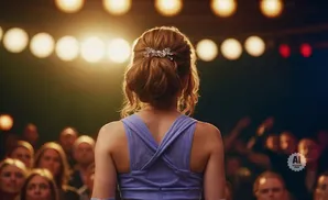 Woman with an updo hairstyle and sparkling hair clip faces away from the camera, on stage with audience blurred in the background.