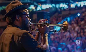 A man in a hat plays the trumpet on stage with a blurred audience in the background.