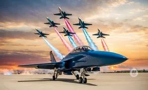 A blue jet fighter on tarmac with a squadron of jets in formation, leaving red and blue smoke trails against a sunset sky.