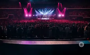 A band performs on a brightly lit stage in front of a large, cheering crowd in a concert hall.