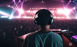 DJ wearing headphones performs for a large, lit crowd at a concert.
