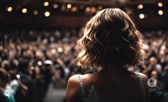 Woman with wavy brown hair facing away from the camera, looking at a blurred audience.