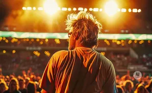 Man with messy hair faces away from camera, towards a bright stage with a cheering crowd.