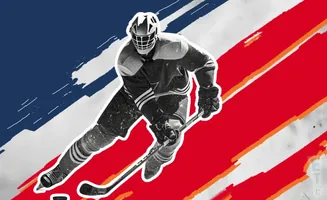 Hockey goalie in a black and white uniform skates with a stick against a background of red and blue stripes.