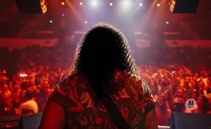 Back view of a person with curly hair on stage, facing a large, brightly lit crowd at a concert.