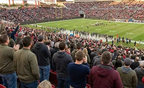 Spectators watch an American football game in a stadium, with players on the field and a large crowd in the stands.