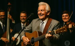 A man with white hair, wearing a gray suit and tie, smiles while playing an acoustic guitar with his band.