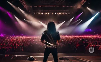 A rock musician in a leather jacket performs for a large, excited crowd under stage lights.