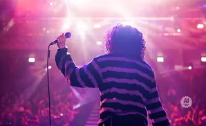 A singer with curly hair holds a microphone on a stage with bright pink lights and a cheering crowd.