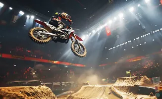 Motocross rider mid-air jump over a dirt ramp inside a stadium.