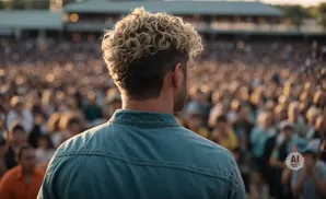 Man with curly blonde hair in a denim shirt facing a large, blurred crowd at an outdoor event.