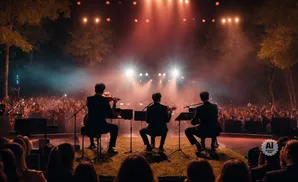 Three violinists perform for a large crowd at an outdoor concert at night, with stage lights illuminating the smoke-filled air.