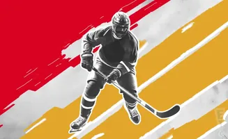 A black and white hockey player in full gear with a stick on a red and yellow abstract background.