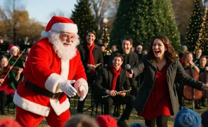 Santa Claus and a singer perform with an orchestra and choir outdoors in front of Christmas trees.