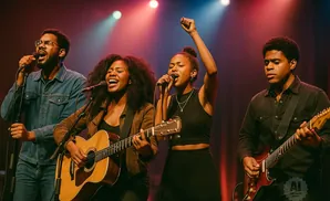 A band of four singers and musicians perform on stage with bright spotlights.