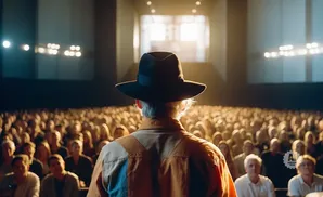 A person in a fedora faces a large audience in a theater, bathed in stage light.