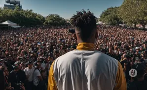 Man facing a large crowd at an outdoor event, with many people holding up phones to capture the moment.