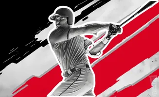 A baseball player swings a bat against a dynamic red, white, and black background.