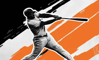A baseball player swings a bat against a background of black, white, and orange stripes.