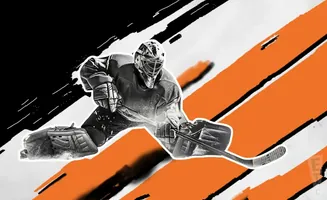 Hockey goalie in a crouched stance, stick extended, with a dynamic black and orange background.