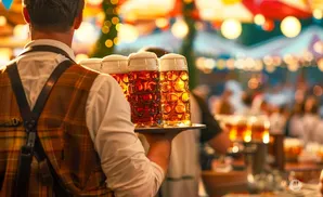 A server in a plaid vest carries a tray of four large beer steins with foamy tops.