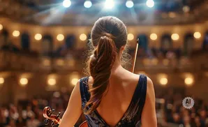 A violinist performs on stage in a dimly lit concert hall.