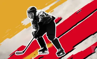 A black and white image of a hockey player in uniform, silhouetted against a red and yellow abstract background.