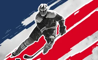 A hockey goalie in black and white gear skates on a background of red and blue stripes.