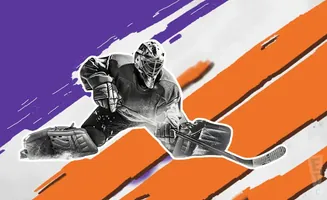 A hockey goalie in a crouch, ready to make a save, with a purple and orange abstract background.